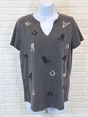 Maurices Western Embroidered Tee Gray Cowboy Boots Small